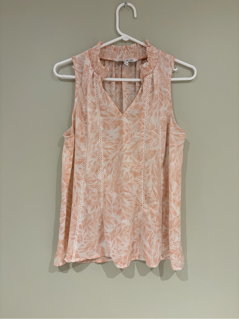 Elizabeth and James Peach Leaf Print Sleeveless Ruffled V-Neck Top